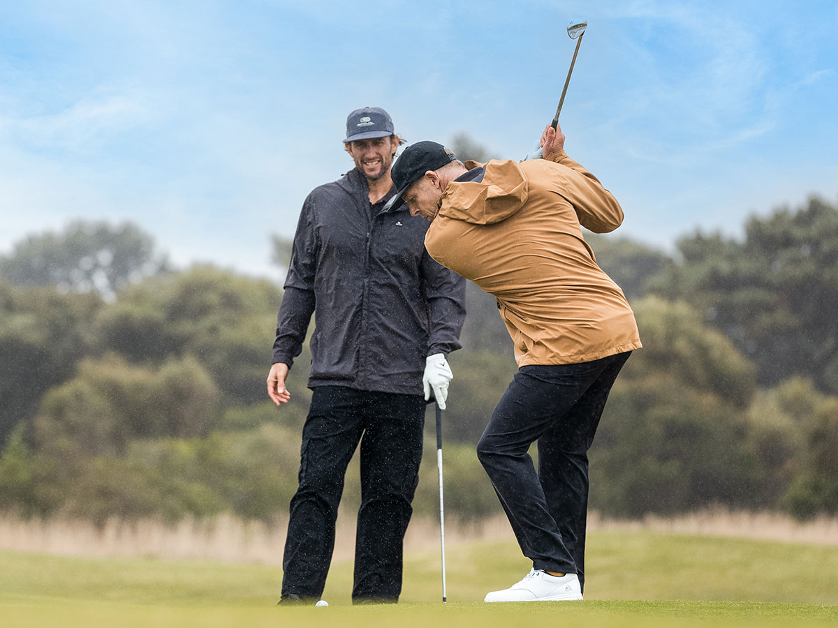 Mick Fanning and Owen Wright play golf at Thirteenth Beach Golf Links, Barwon Heads, Victoria, Australia